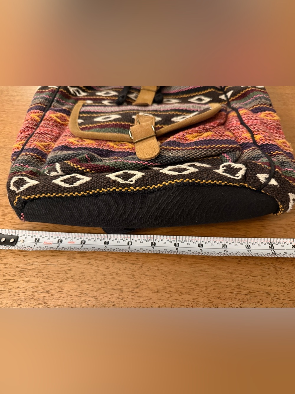 Boho Patterned Multi-Color Canvas Backpack with Tan Trim - Picture 3 of 7